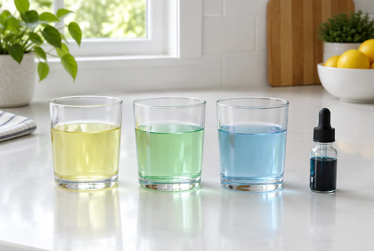 Three glasses of water tinted by pH indicator drops