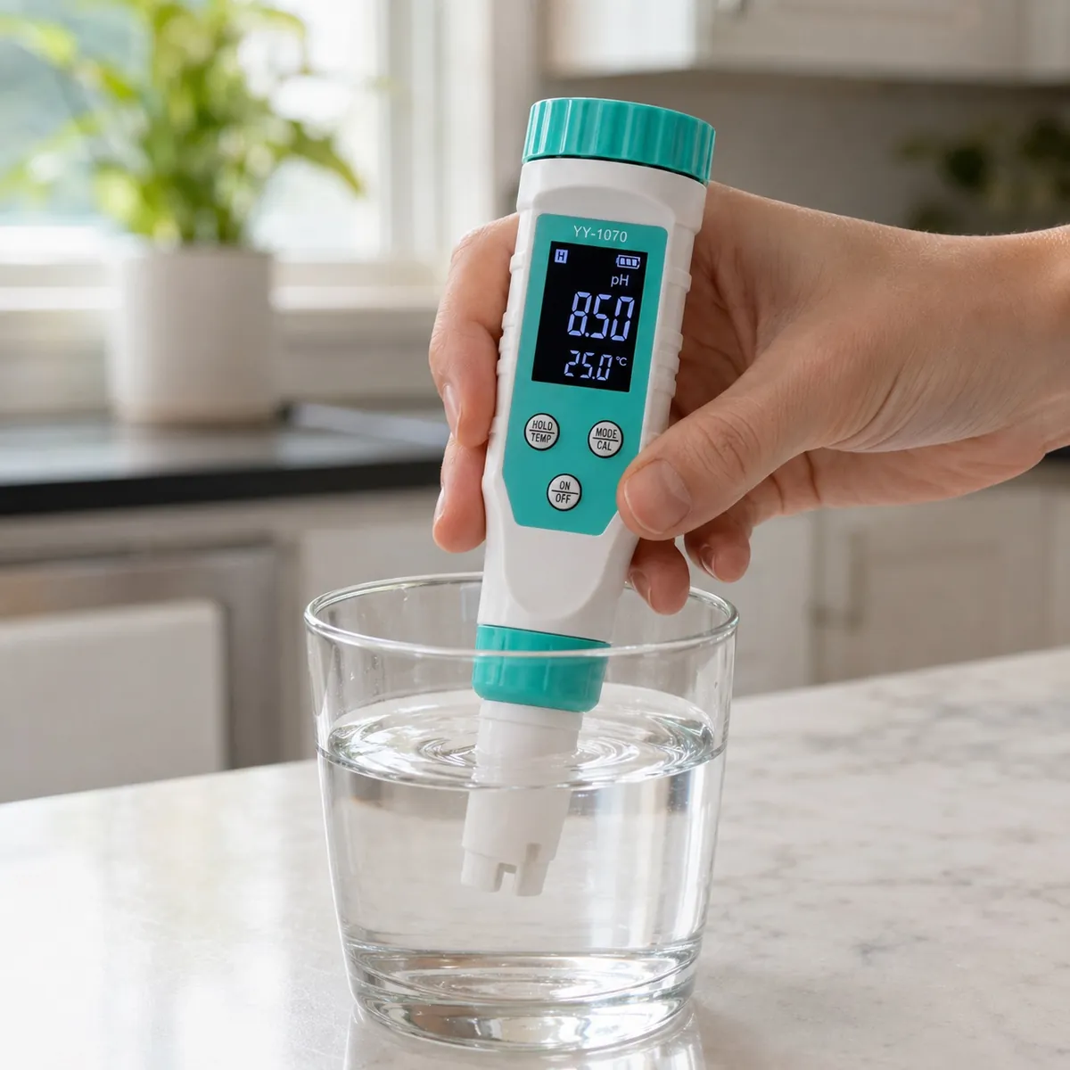 Checking the pH of a glass of water with a pen-style meter