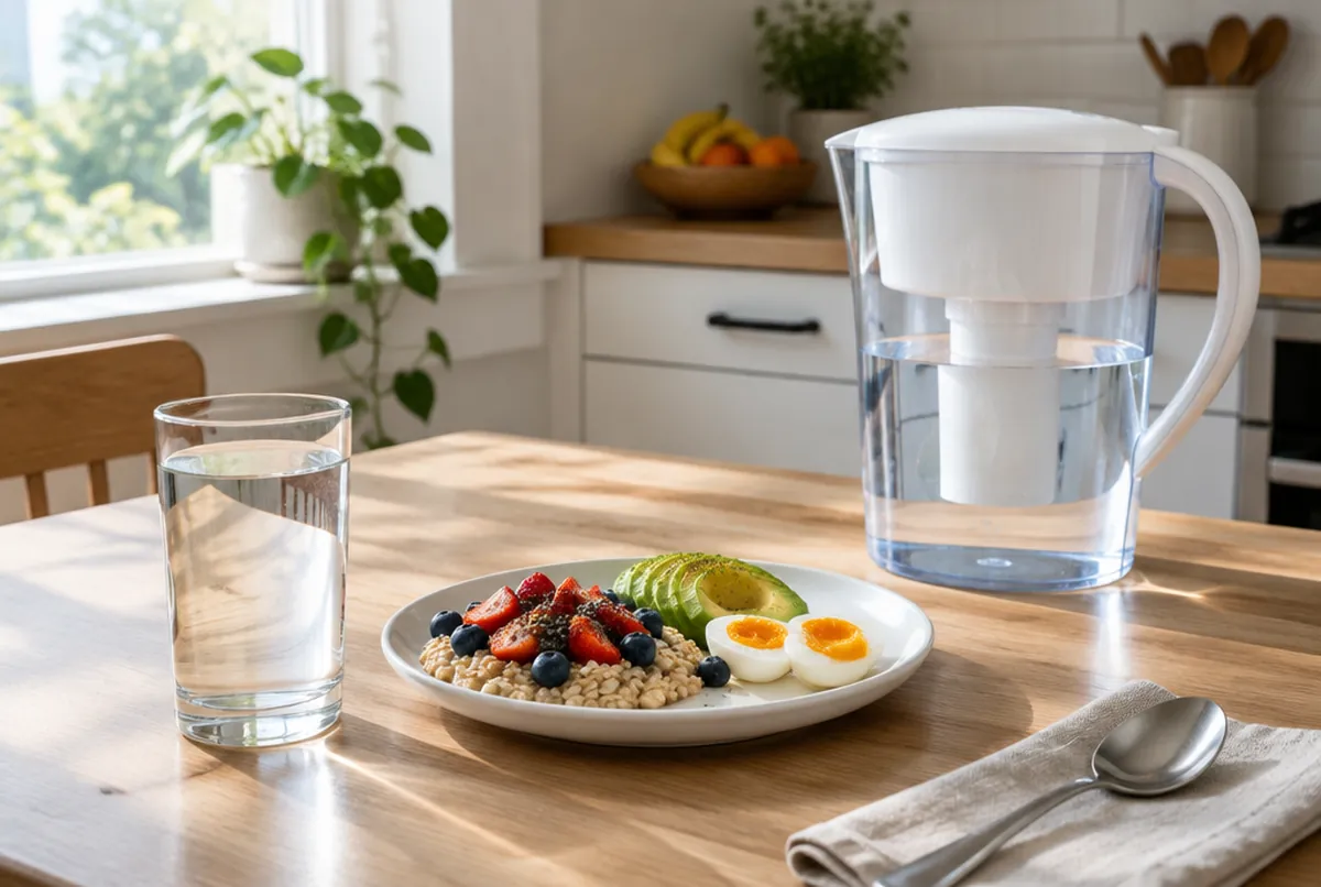 A glass of water with breakfast and a filter pitcher on the table