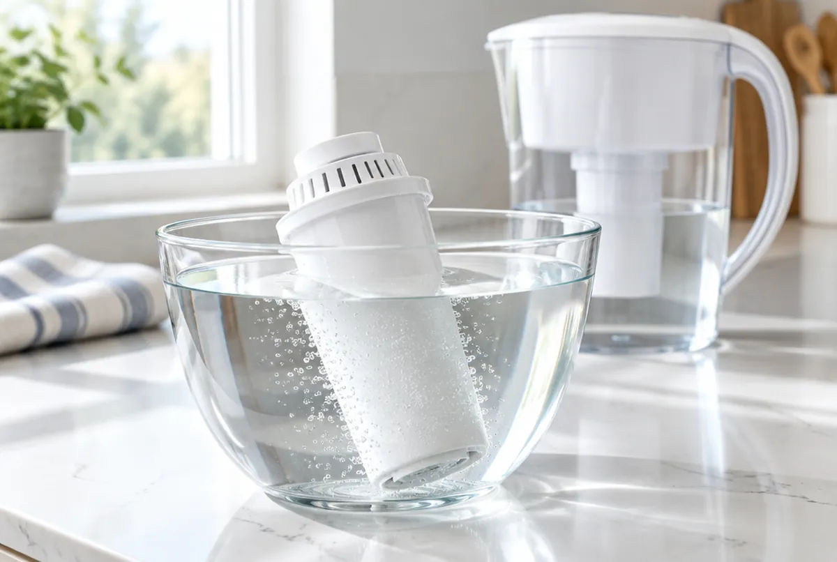 Soaking a new filter cartridge in a bowl of clean water before first use