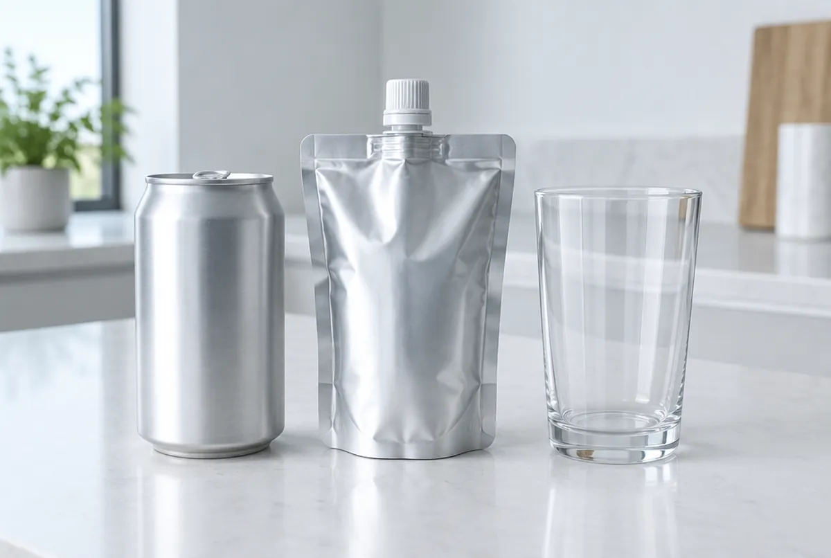 An aluminum can and a foil pouch of ready-to-drink hydrogen water