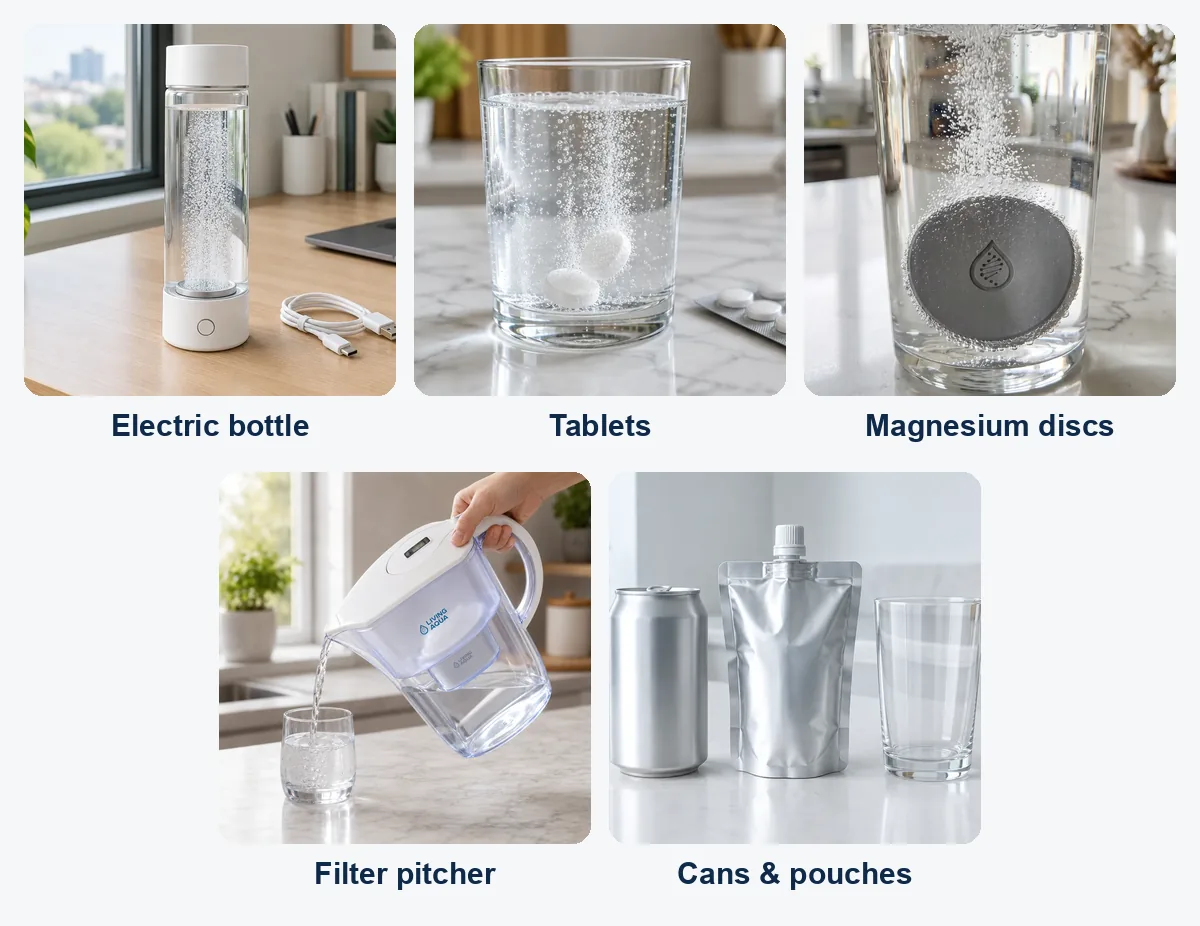 Five ways to get hydrogen water: electric bottle, tablets, magnesium discs, filter pitcher, cans and pouches