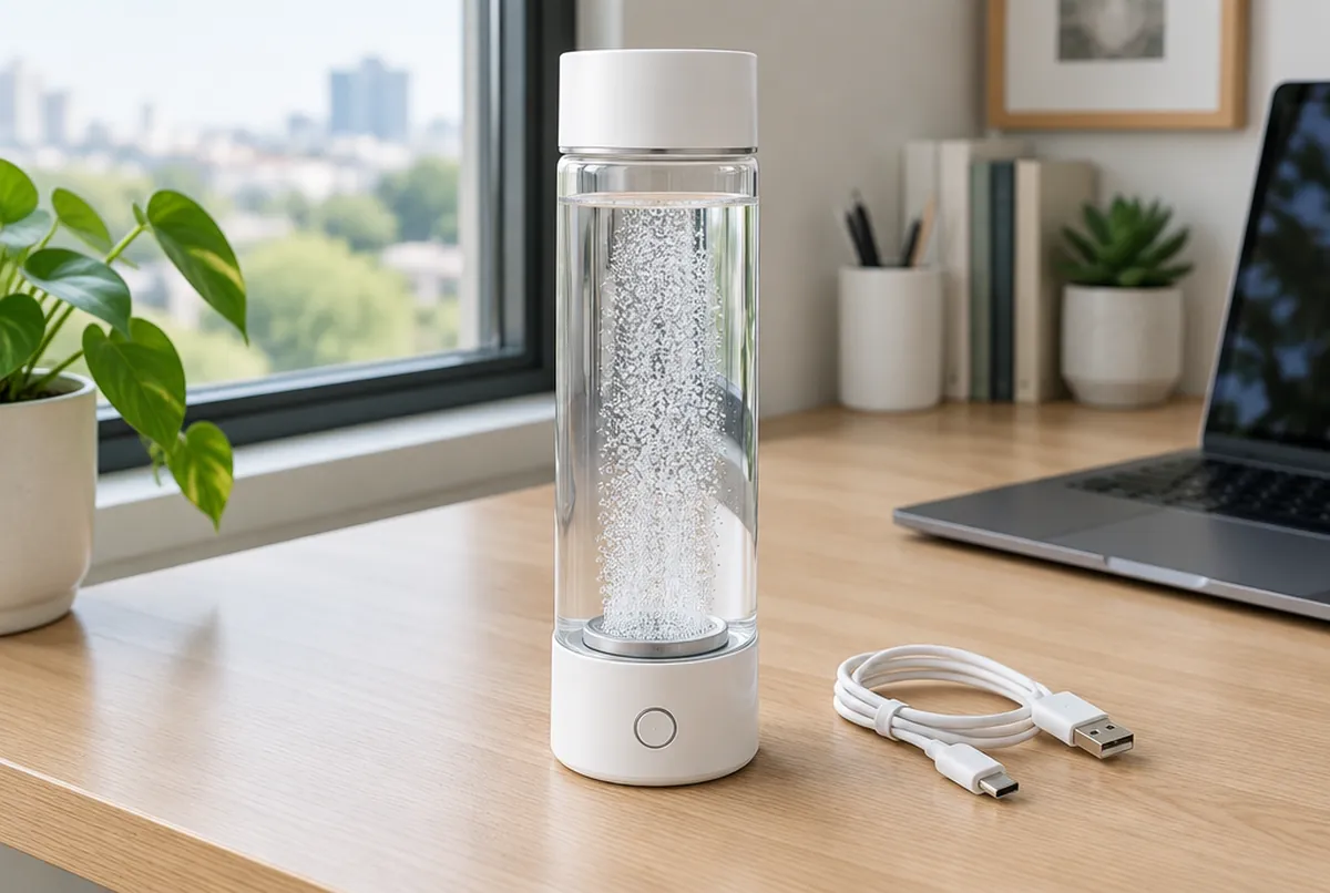 A portable electric hydrogen water bottle with bubbles rising from the electrode