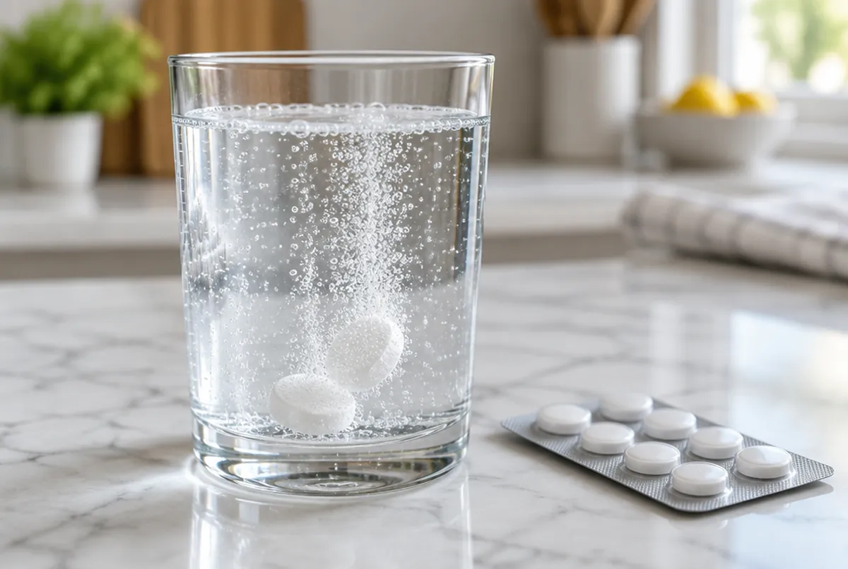 Hydrogen tablets fizzing in a glass of water