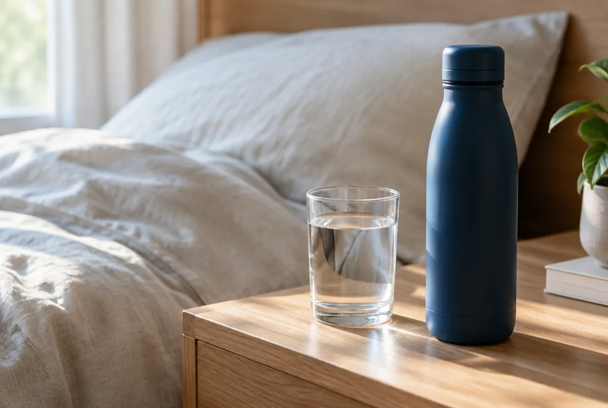 A glass of water and a closed insulated bottle on a bedside table in the morning