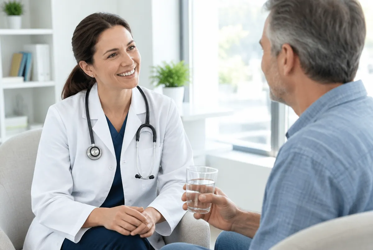 A doctor talking with a patient who is holding a glass of water