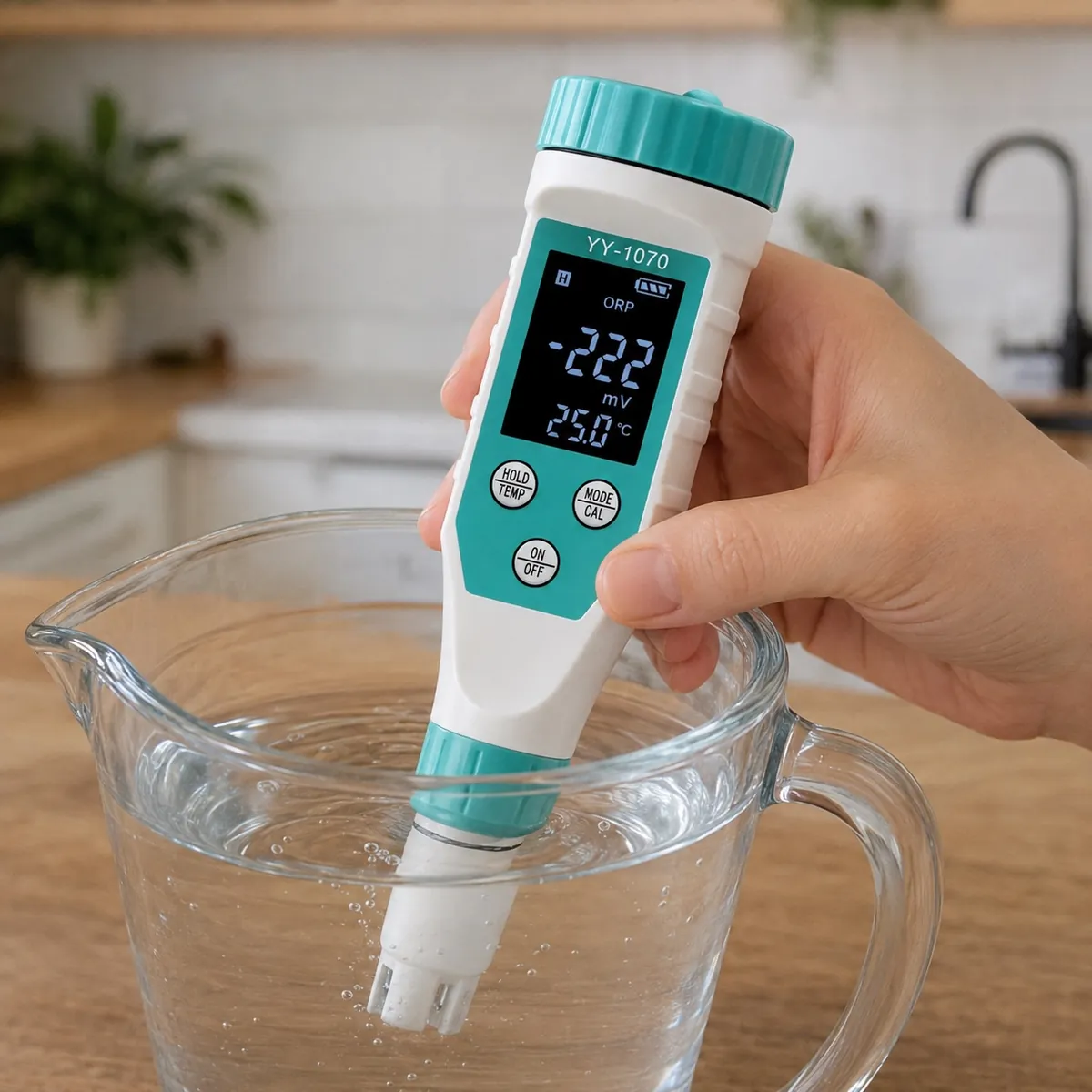 A pen-style ORP meter showing a negative reading in a jug of water