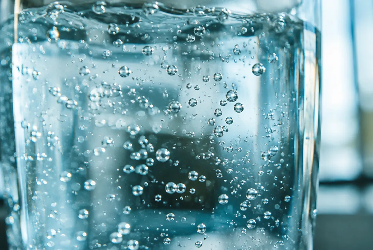 Tiny gas bubbles rising through clear water