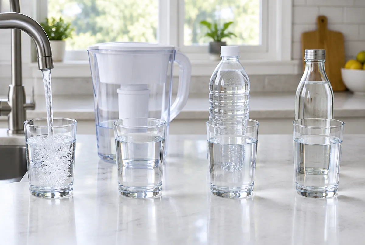 Tap, filtered, bottled and spring water side by side