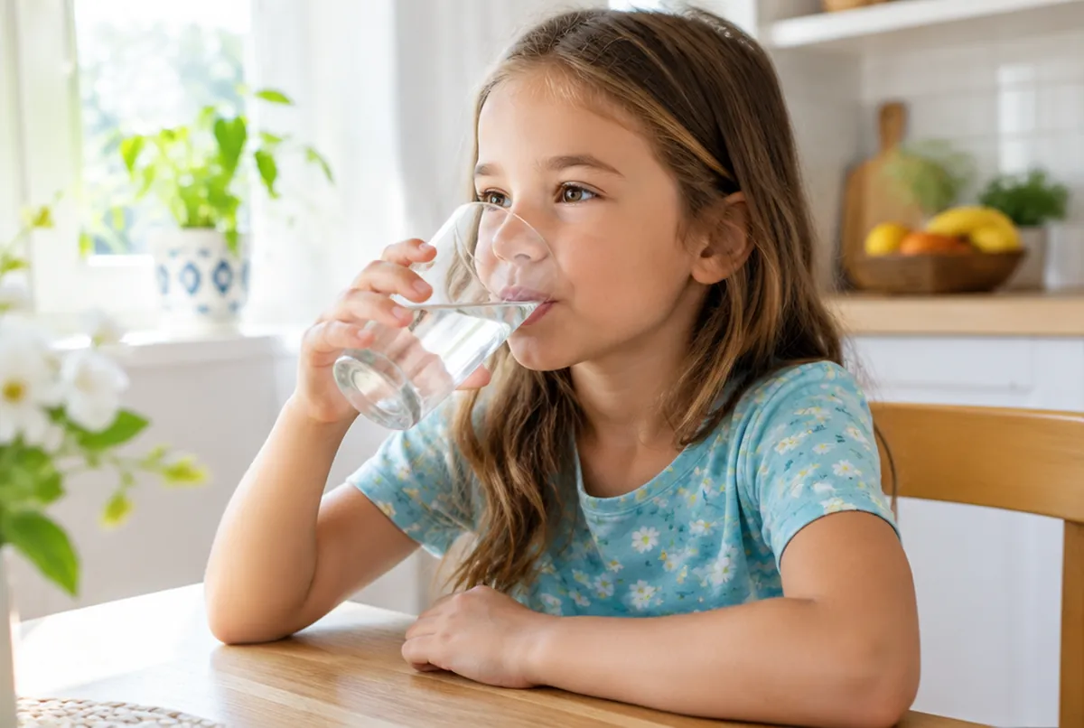 A child drinking a glass of water at the kitchen table