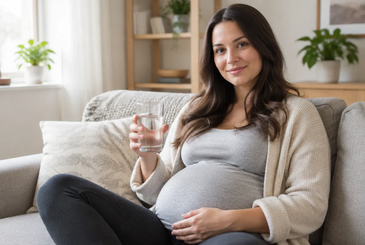 A pregnant woman holding a glass of water at home