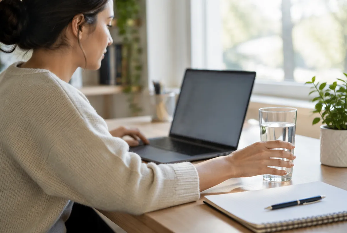 Reaching for a glass of water while working at a desk