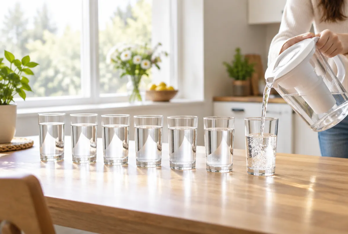 A row of glasses of water on a kitchen table, the last one being filled from a filter pitcher