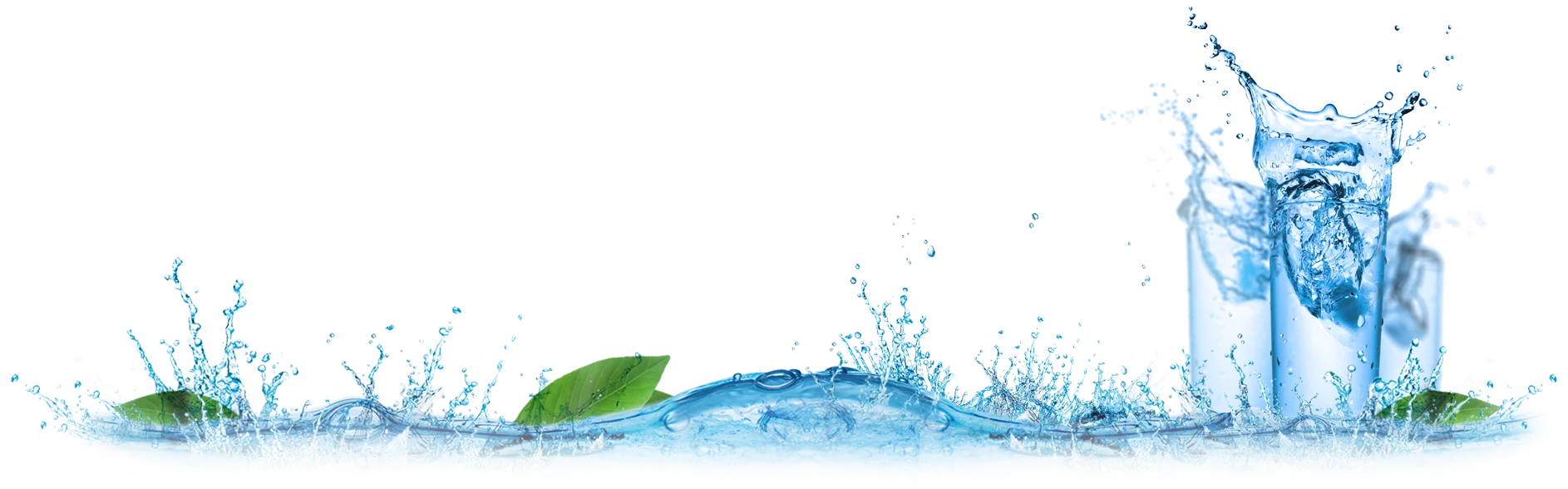 Clear water splashing around glasses, with green leaves