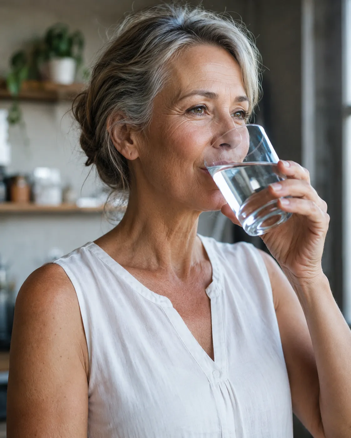 A woman drinking a glass of water at home