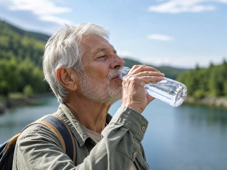 An older man drinking water outdoors
