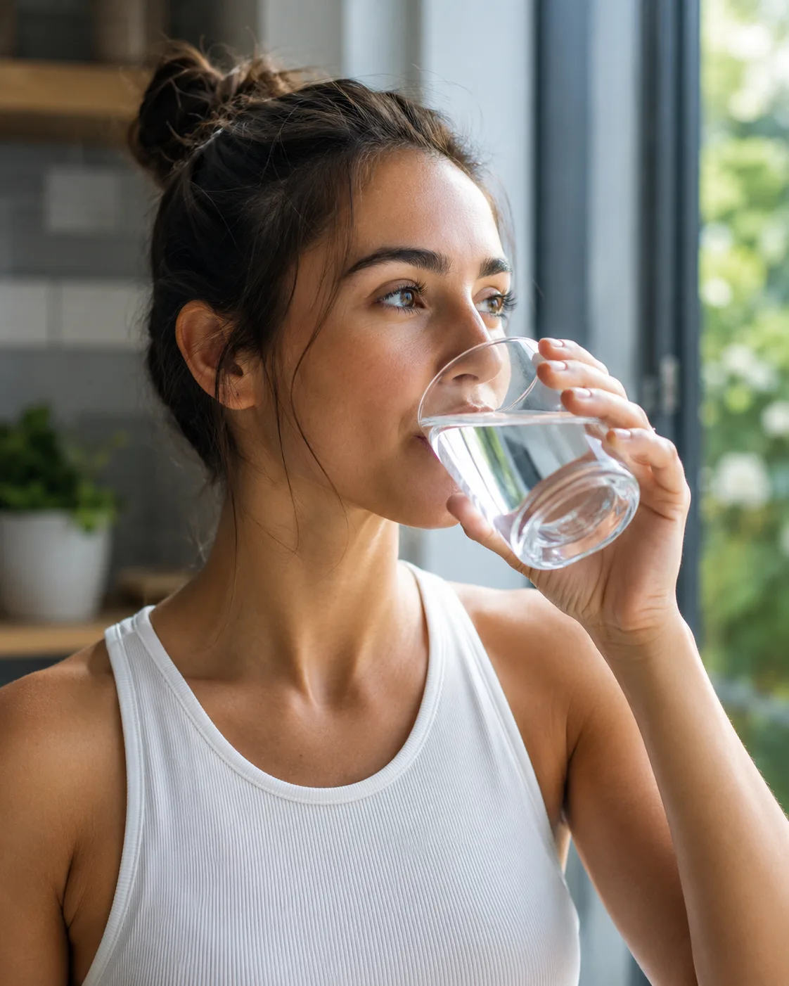 A woman drinking a glass of clean water