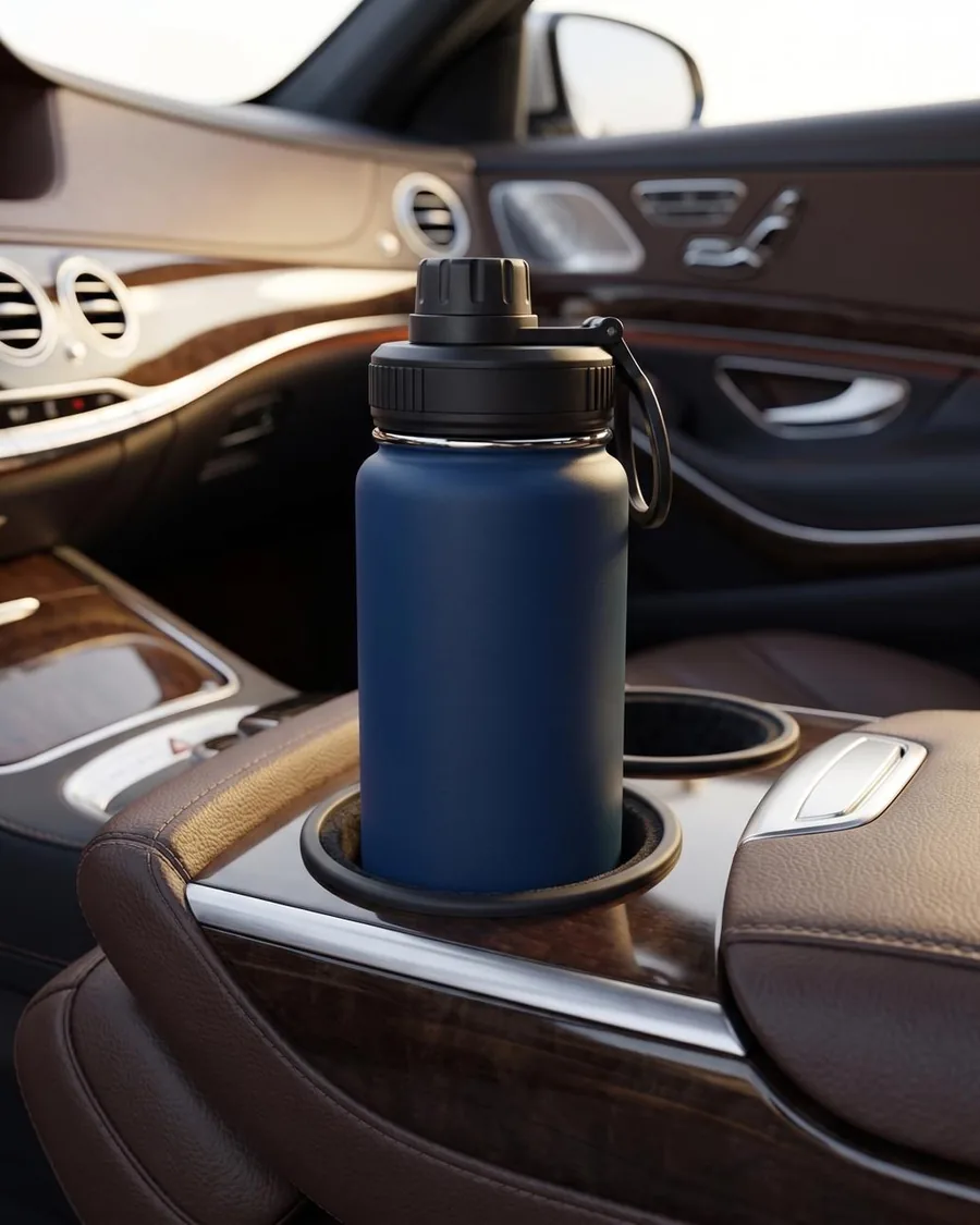 Navy Living Aqua bottle, 22 oz (650 mL), in a car cup holder