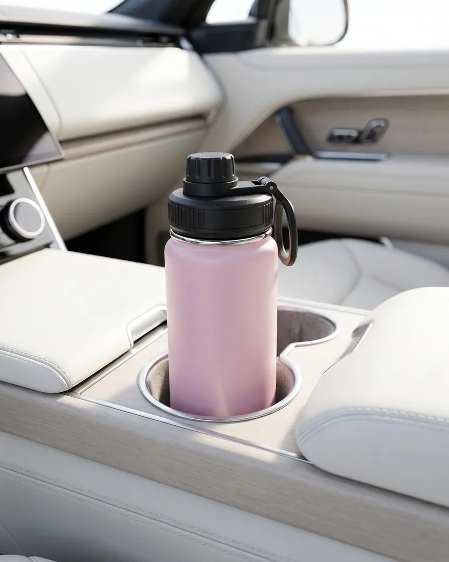 Pink Living Aqua bottle, 22 oz (650 mL), in a car cup holder