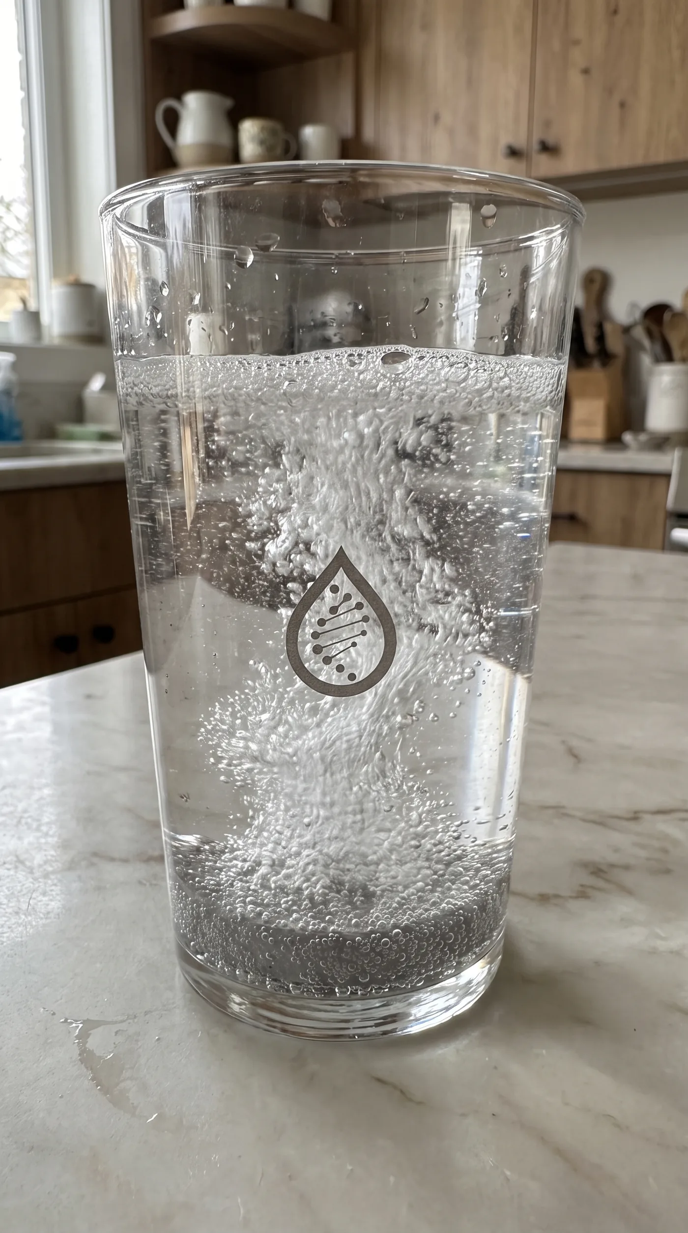 Fine hydrogen bubbles rising from a disc in a glass of water