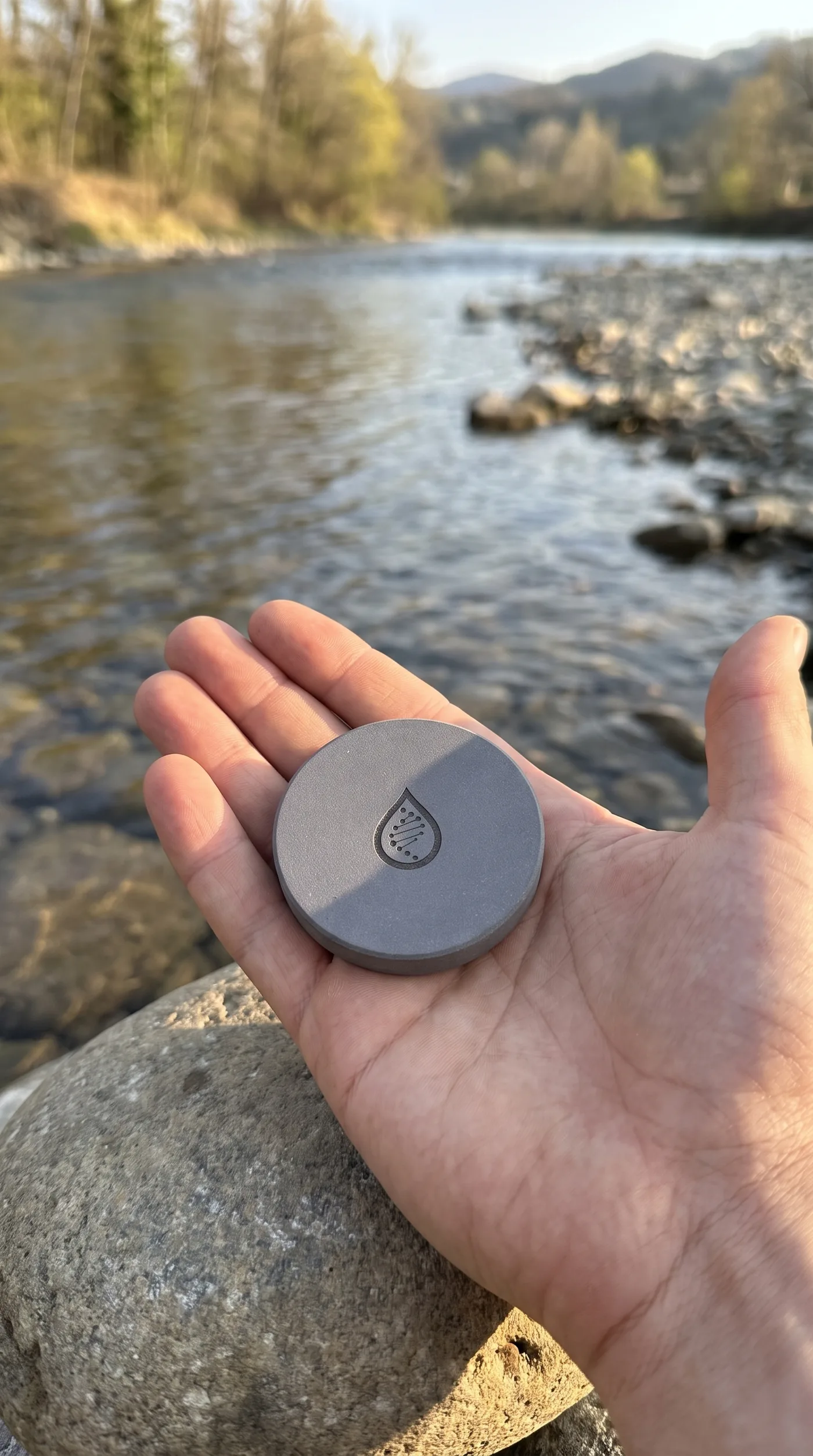 A hydrogen disc held in a hand outdoors