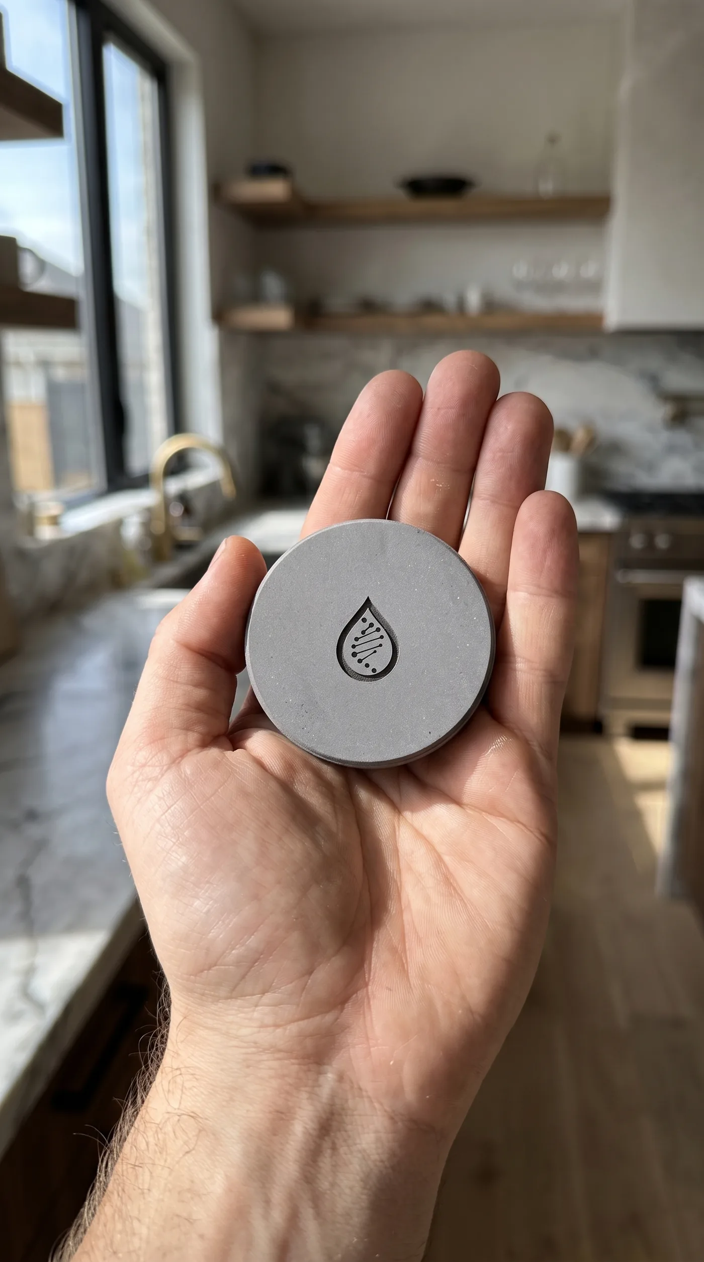A Living Aqua hydrogen disc in the palm of a hand