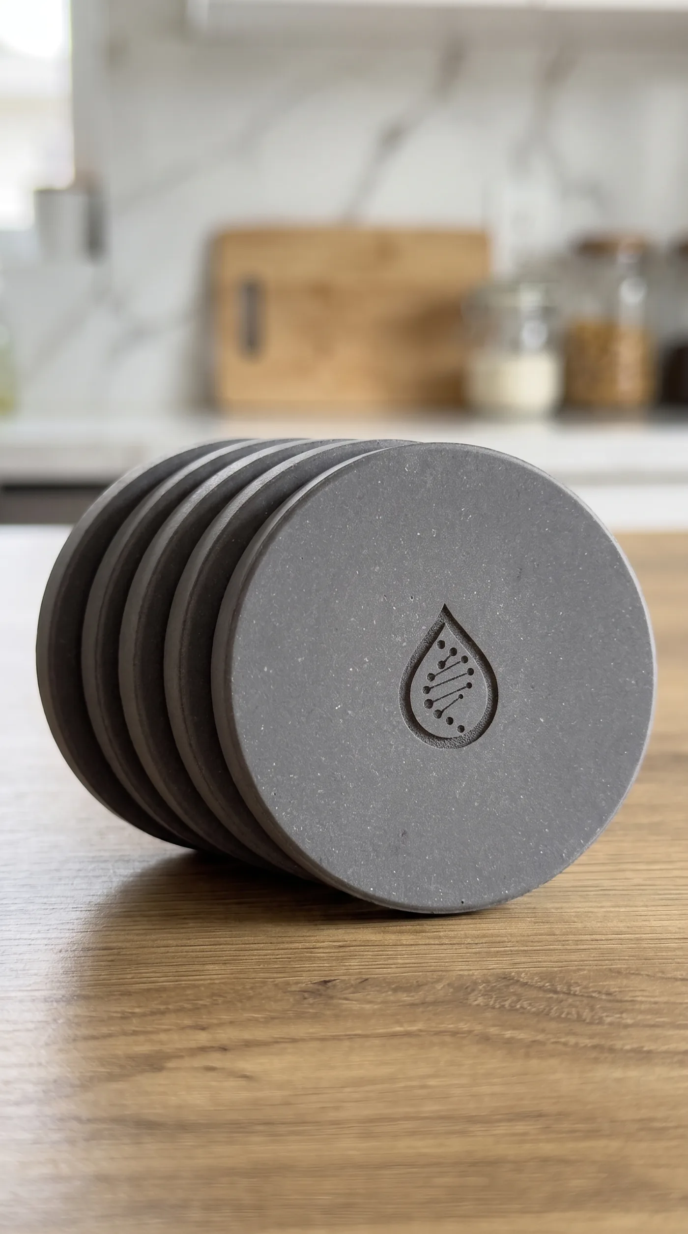 Five ceramic hydrogen discs stacked on a counter