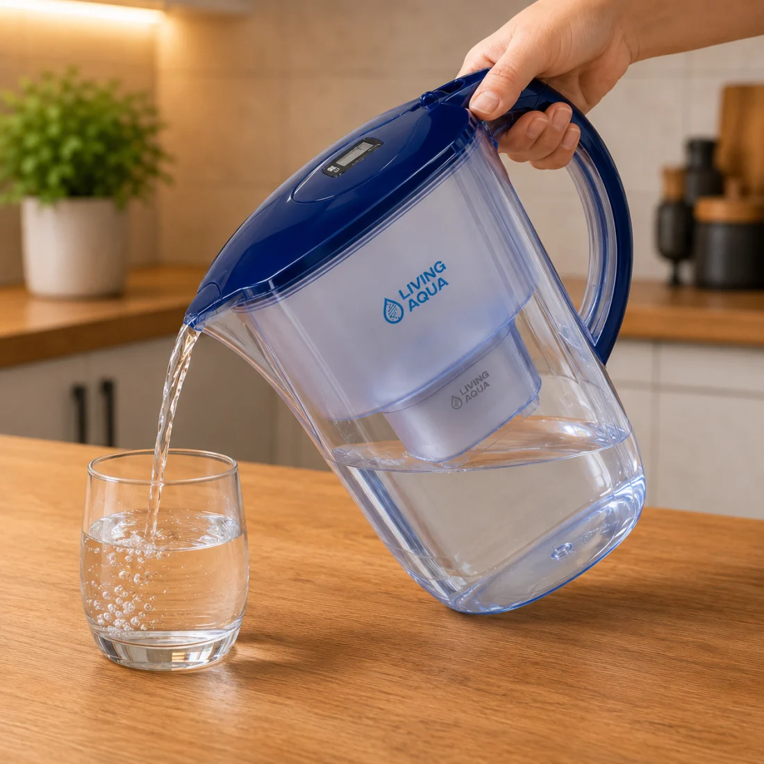 An alkaline pitcher pouring filtered water into a glass
