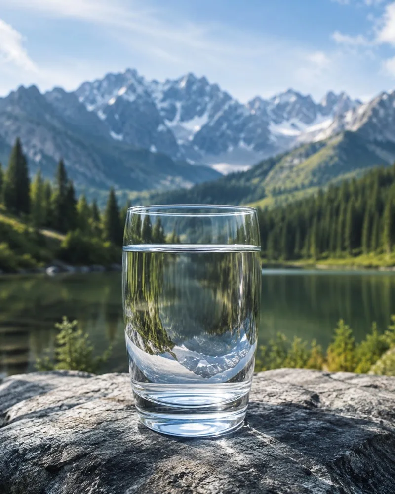 A glass of hydrogen water against a mountain lake